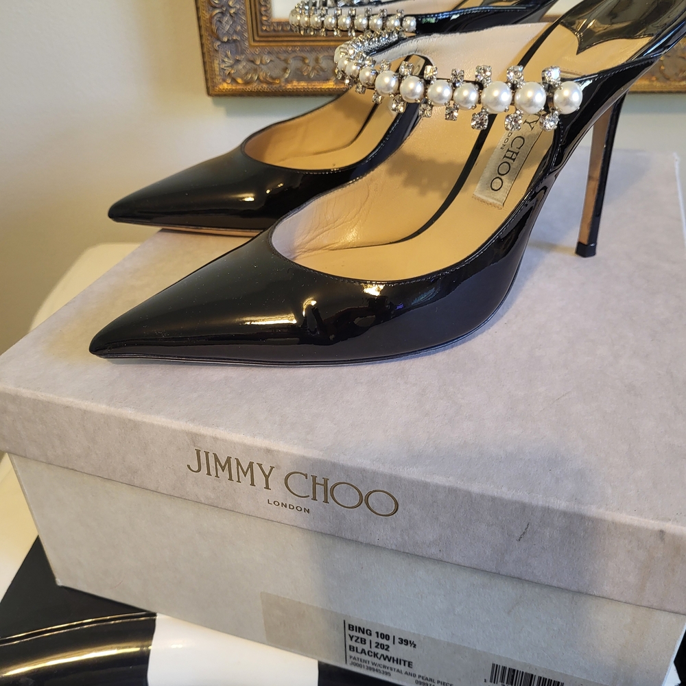 Jimmy Choo Elegant Black Heels with Pearl and Crystal Embellishments